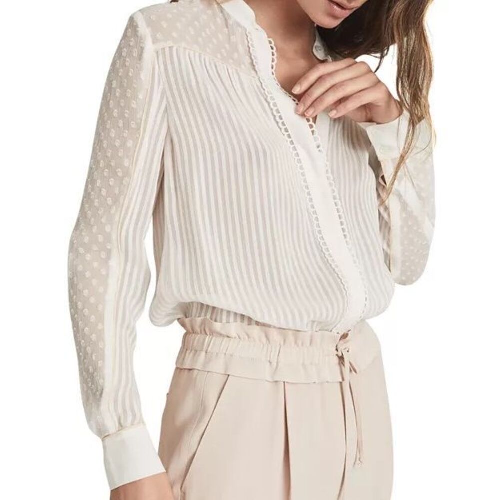 Reiss Cora Spot Detail Blouse Size 6 Ivory Sheer Pleated Long Sleeve Top